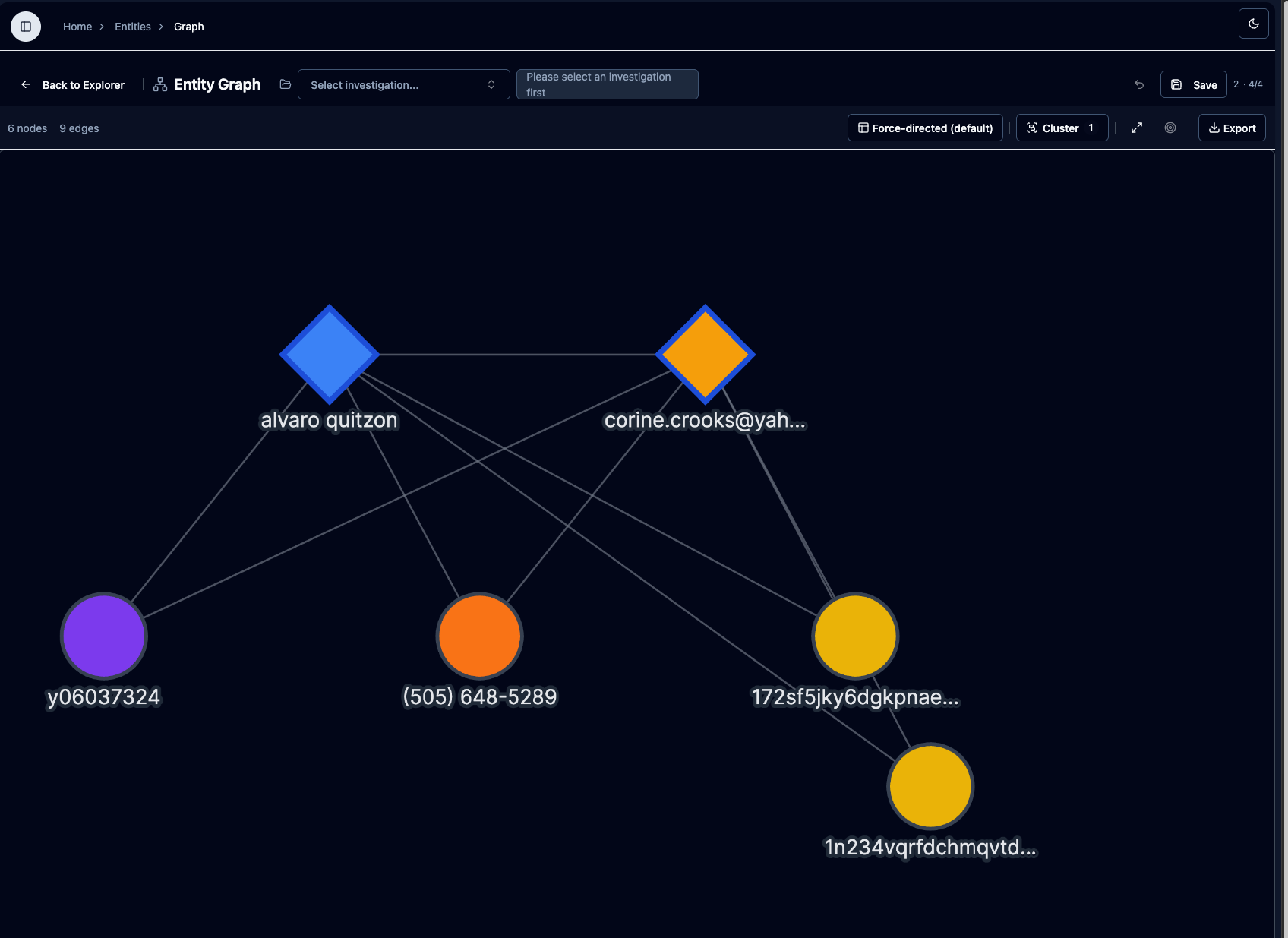 Interactive graph visualization showing entity relationships and connections