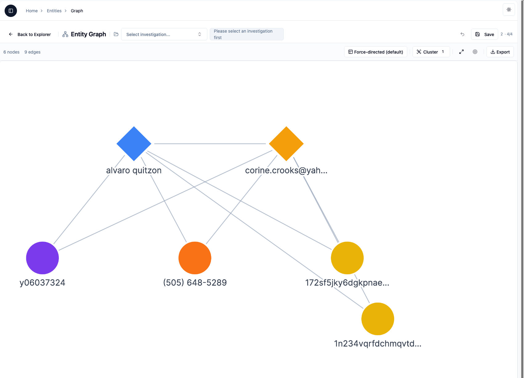 Interactive graph visualization showing entity relationships and connections